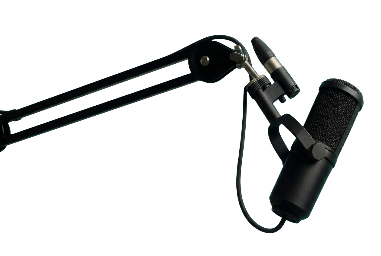 A black podcast microphone on a boom arm